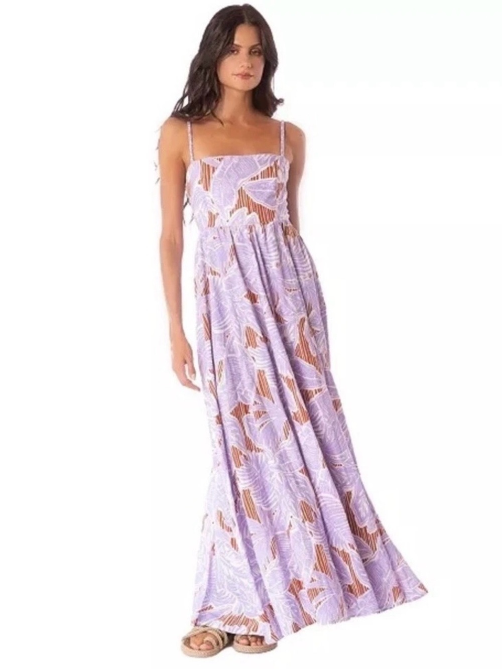 Maaji Lilac Tropical-Print Maxi Dress with Brown Leaf Accents